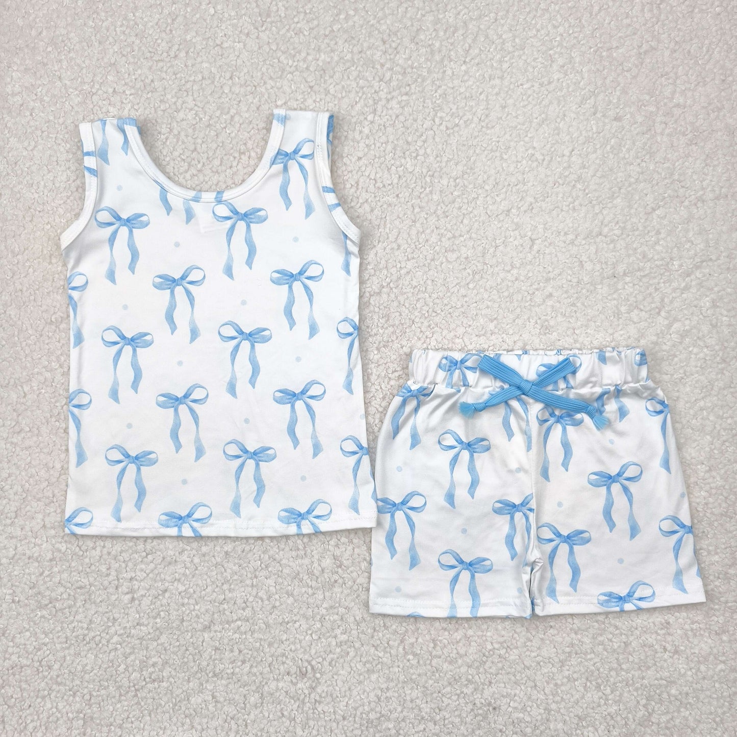 RTS NO MOQ GSSO2478 White sleeveless shorts set with blue bow pattern