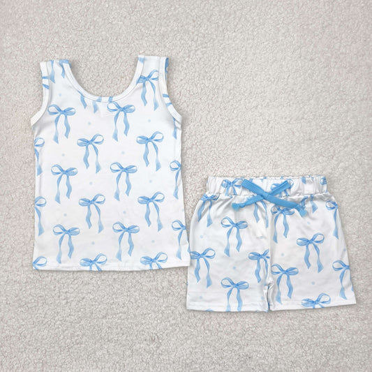RTS NO MOQ GSSO2478 White sleeveless shorts set with blue bow pattern