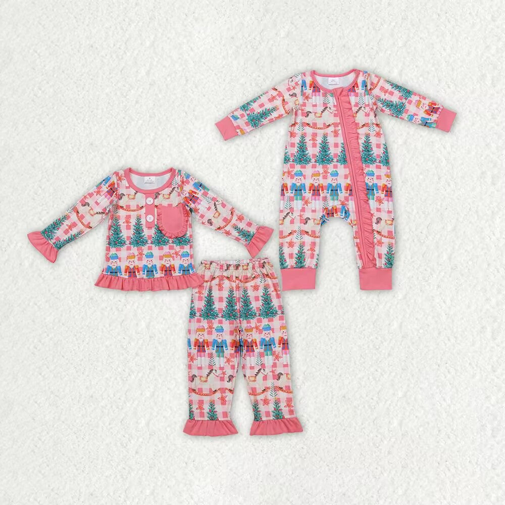 RTS NO MOQ Sibling baby girls clothes Green Christmas Tree-Puppet Knight Pattern Pink Long Sleeve Suit & Climbing Suit