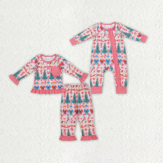 RTS NO MOQ Sibling baby girls clothes Green Christmas Tree-Puppet Knight Pattern Pink Long Sleeve Suit & Climbing Suit