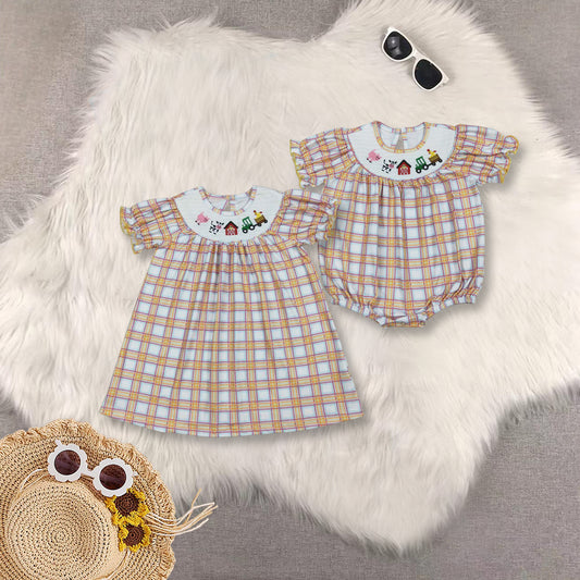 RTS Sibling baby girls clothes smocked embroidery short Sleeve dress and rompers