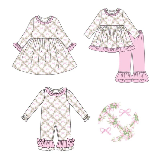 Custom moq 5 each style eta 6-7weeks baby girl clothes bow floral pink long sleeve pants sets and romper and dress -25.8.9