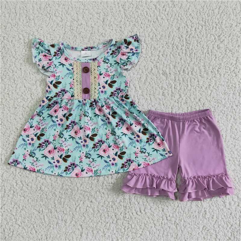 SALES  NEW Purple flowers ruffles shorts set