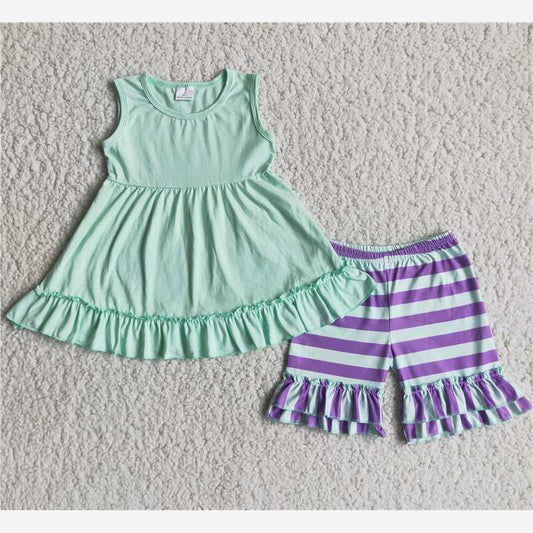SALES  NEW Green T-shirt Purple and green stripes exquisite ruffles Shorts sets
