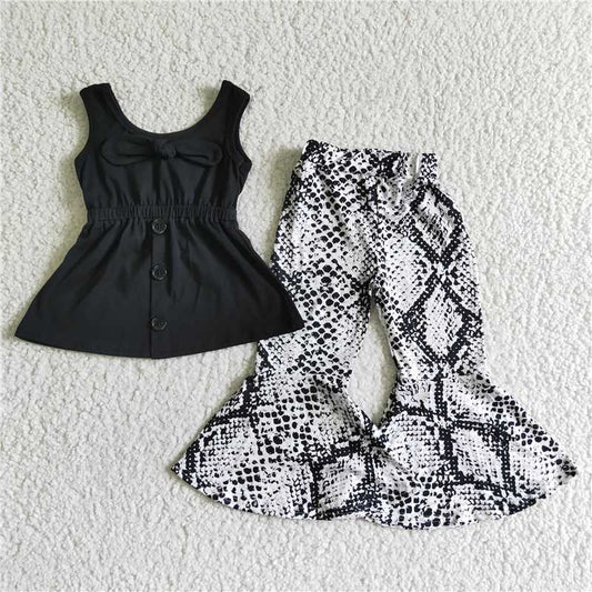 SALES NEW Baby Girl's Black Bow Strappy Top And Snakeskin Bell Pants Set Cute And Fashionable Outfit for Infants
