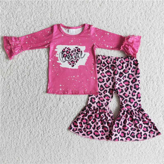SALES  NEW Girls Valentine's Day Hot Pink Leopard Print LOVE Themed Clothing Set Cute Children's Outfit