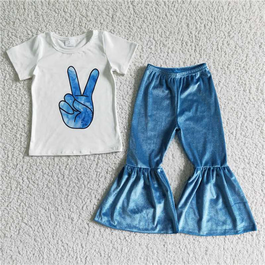 SALES NEW Children's Blue Gesture Print Top And Velour Trousers Set Cute Kids Outfit