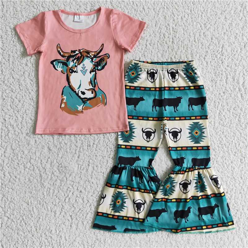 SALES NEW Baby Girl Pink Heifer Short Sleeve Print Bell Pant Set Cute Outfit for Infants Comfortable Cotton Clothing