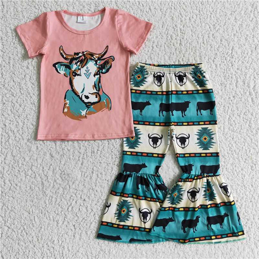 SALES NEW Baby Girl Pink Heifer Short Sleeve Print Bell Pant Set Cute Outfit for Infants Comfortable Cotton Clothing