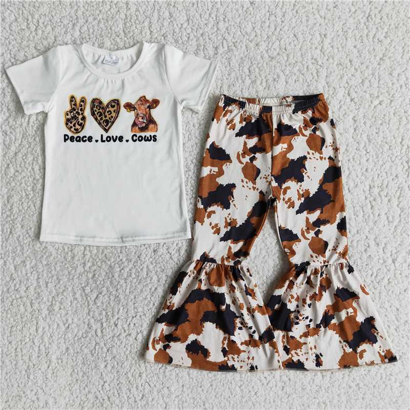 SALES NEW Baby Cow Print Short Sleeve Top And Ink Wash Pattern Bell Set Cute Theme Outfit for Infants