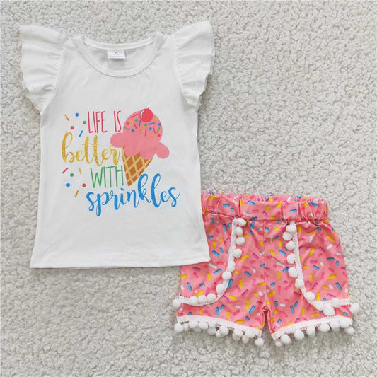 SALES  NEW Letter T-shirt pink pompom Shorts sets