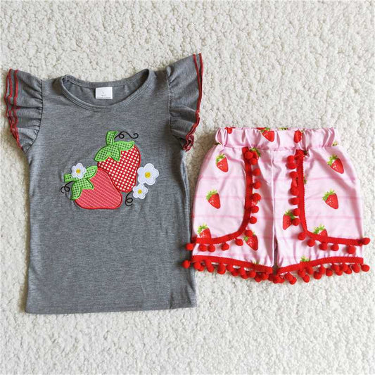 SALES  NEW Baby girls strawberry grey embroidered ruffle shorts summer sets