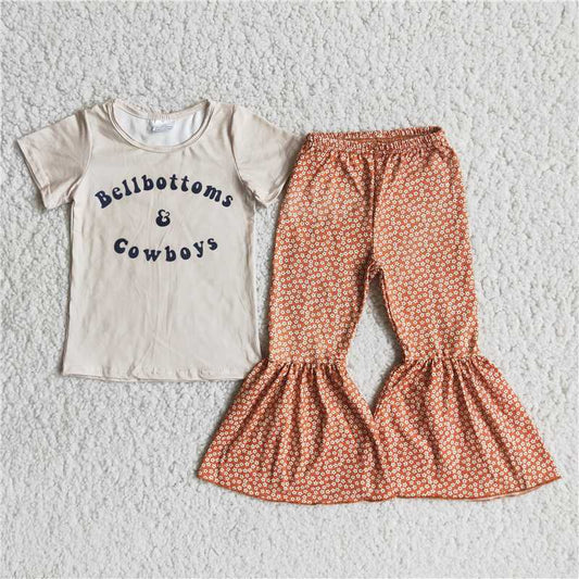 SALES NEW Baby Girl Grey Letter-Print Top And Floral Flared Pants Set Cute Casual Outfit for Infants