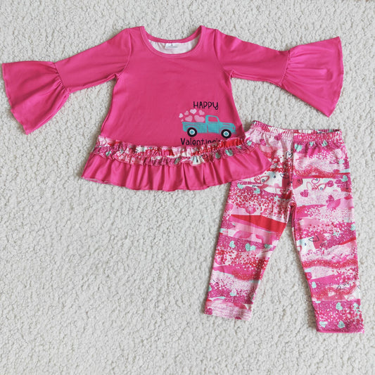 6 A22-29 Kids Girls Happy Valentines Letter Print Long Sleeve Shirt Elastic Waist Heart Leggings Two Piece Cute Holiday Outfit Set