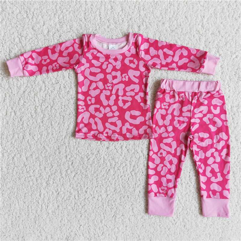RTS NO MOQ 6A30-14 6 A29-20 6 A30-13 Valentine's Day Pink Long Sleeve Pajamas: Leopard & Letters & French Fries Print