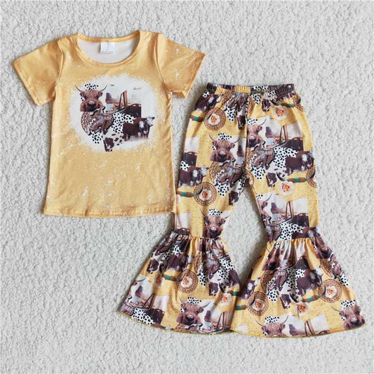 SALES NEW Baby Girls Cowboy Western Style Cow head Bell Bottom Pants Clothing Set