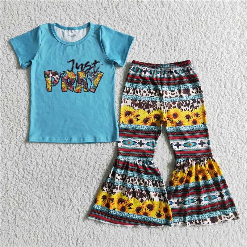 SALES NEW Baby Girls Blue Short Sleeve Bell Pants Outfit Set Comfortable Cotton Top And Pants Set for Infants
