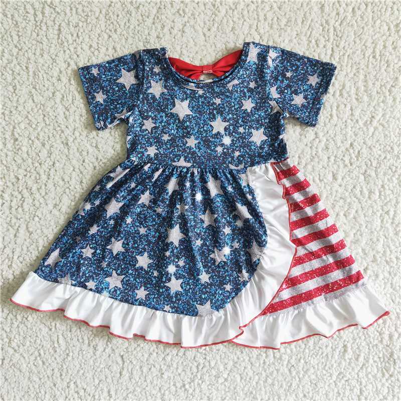 SALES NEW Baby girls summer strap 4th of july Blue White Stars Red Stripes Sequins knee length dresses