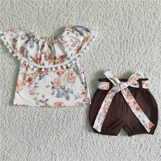 SALES  NEW Baby girls floral brown shorts belt summer sets