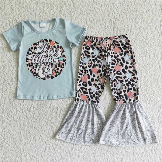 SALES NEW Baby Girls Blue Short Sleeve Leopard Bell Pants Set Cute And Comfortable Outfit for Infants