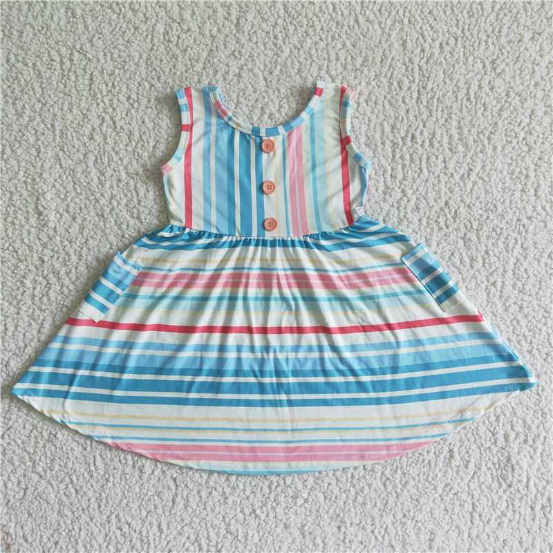SALES  NEW Baby Girls Summer Colorful Stripe Knee-Length Dress Infant Girls Clothing Soft Breathable Fabric Summer Dress for Little Girls