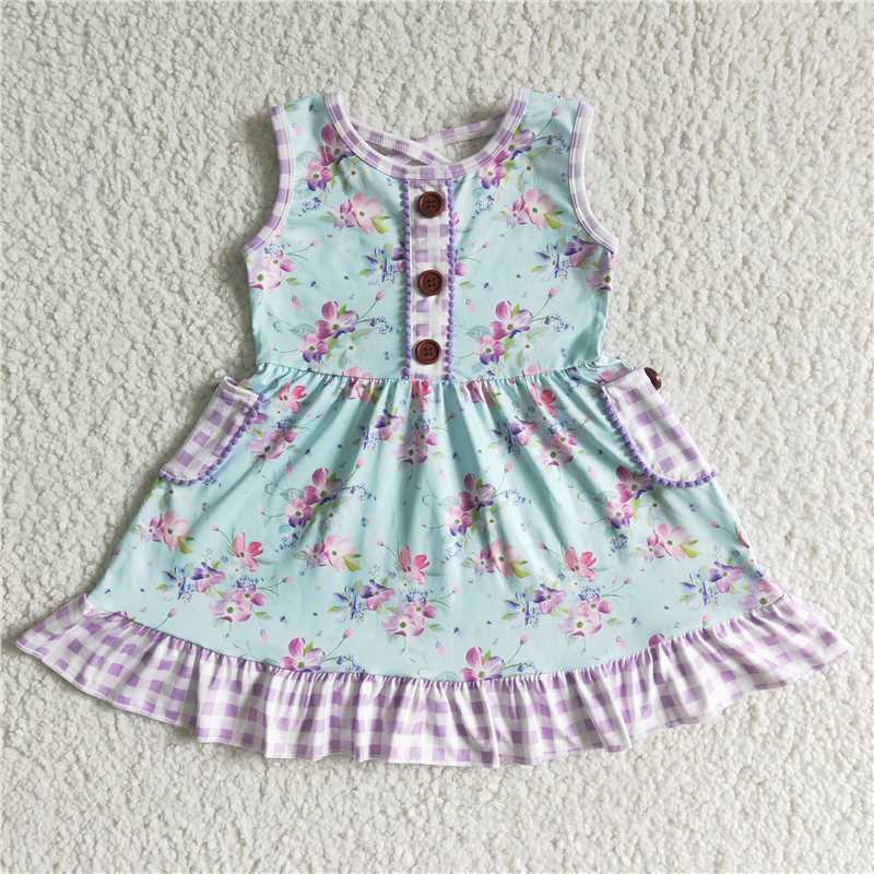SALES NEW Baby Girls Summer Purple Plaid Floral Knee-Length Sleeveless Dresses Cute Children's Clothing for Girls