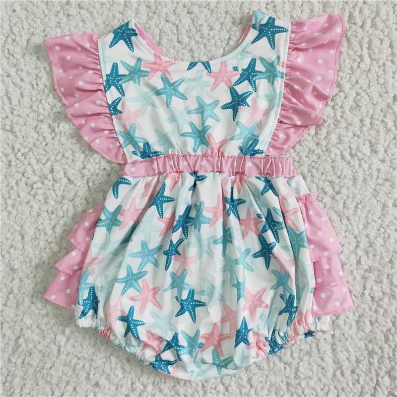 RTS NO MOQ ETA 5/7days Arrived SR0022 Girls pink star flying sleeve lace jumpsuit