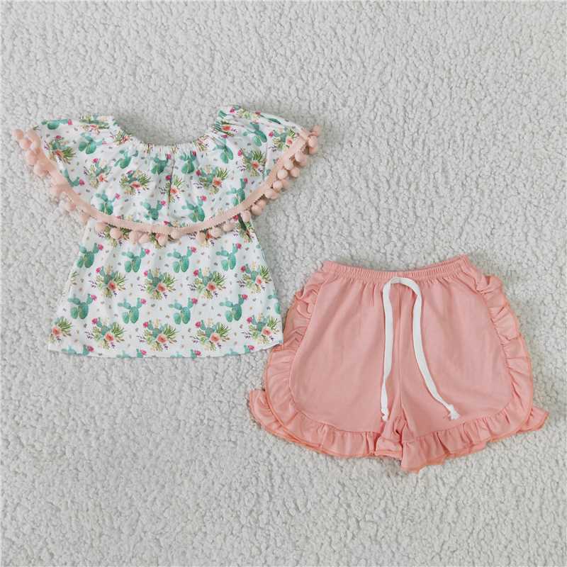 GSSO0103 Girls Cactus Off Shoulder Pink Bow Shorts Set