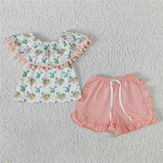 GSSO0103 Girls Cactus Off Shoulder Pink Bow Shorts Set