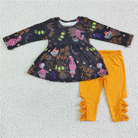 SALES  NEW Halloween Striped Cat Top Baby Girls Outfit Set Cute Pants Ensemble for Little Ones