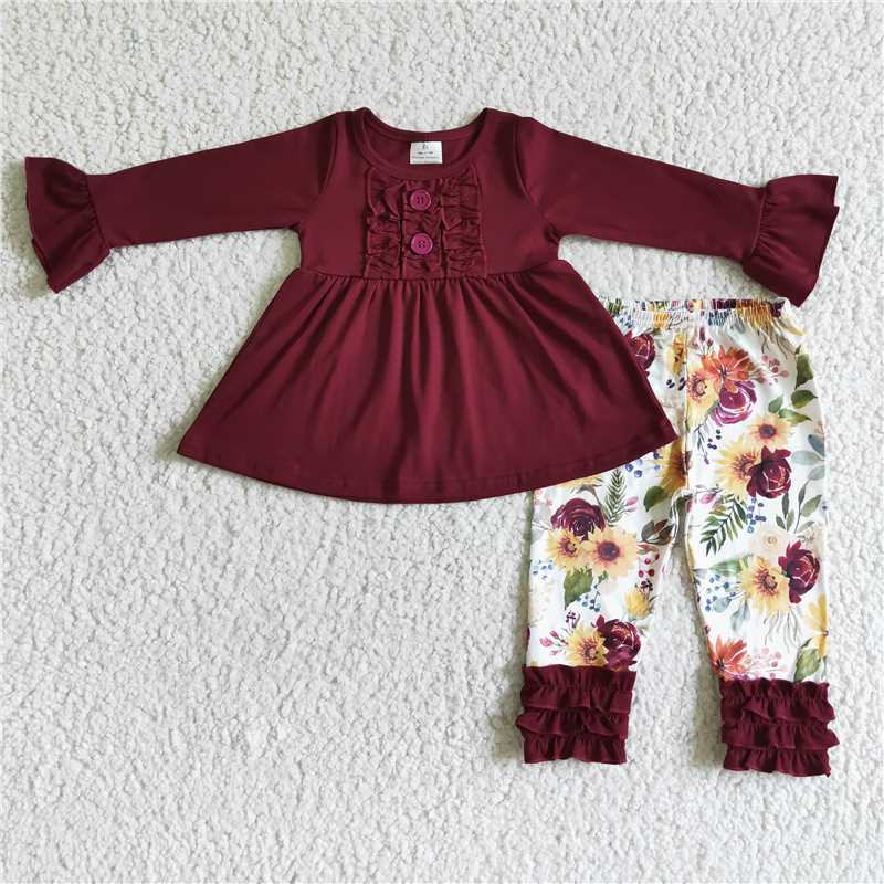 RTS NO MOQ Solid Color Lace Cuff Long Sleeve Top & Ruffle Hem Mixed Long Sleeve Pants Set