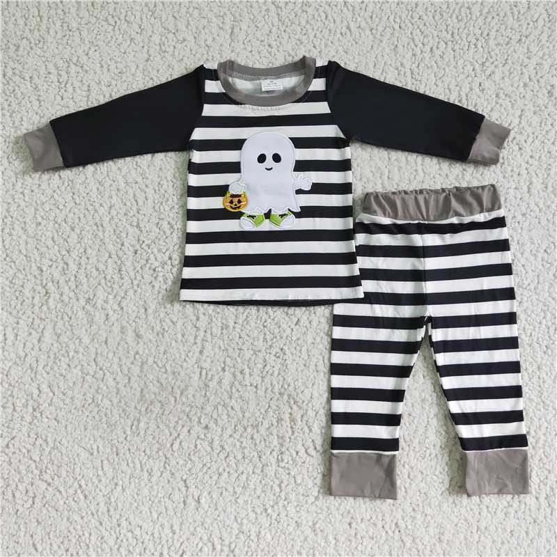 RTS NO MOQ Embroidered ghost holding a pumpkin black and white striped boys and girls long suit