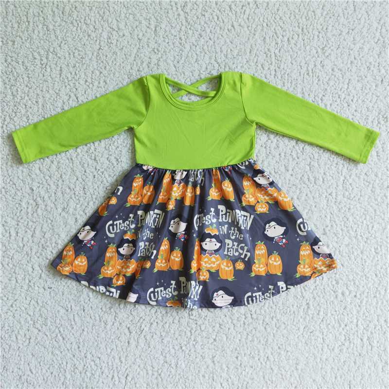 SALES  NEW Baby Girls Pumpkin Green Knee-Length Dress Cute Children's Clothing for Girls Green Dress Baby Girls Dress