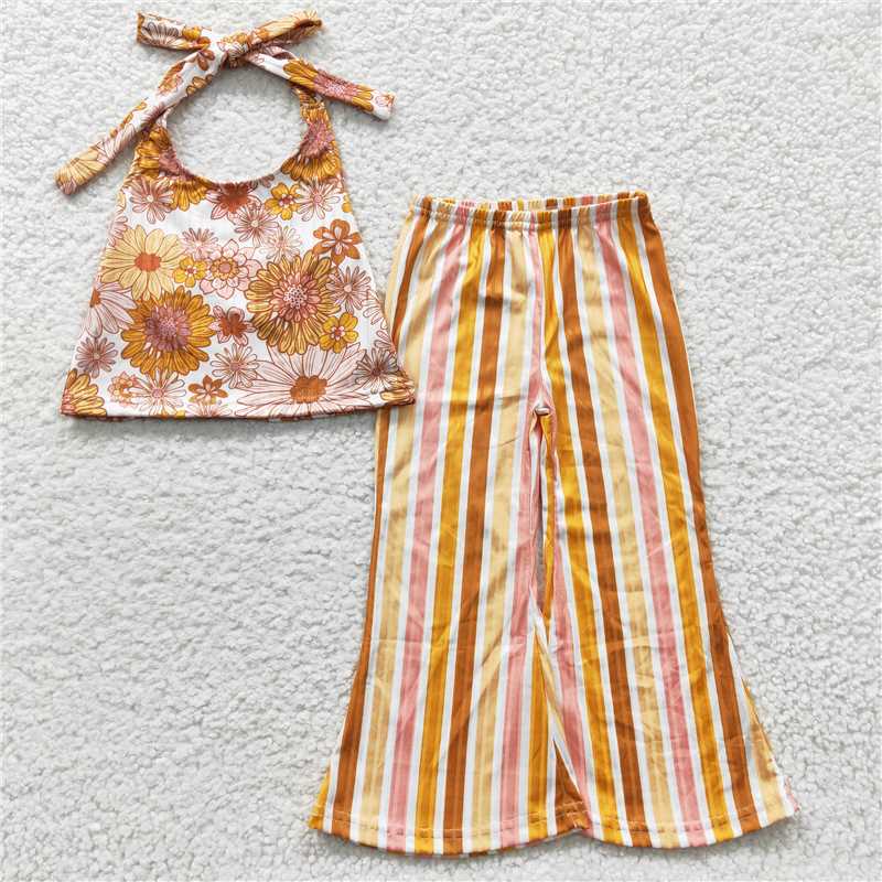 RTS NO MOQGSPO0579 Girls orange floral halter neck colorful striped trouser suit