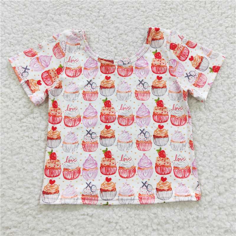 SALES NEW Baby Girls Cupcake Print Short Sleeve Shirt Tops Pink Cotton Children's Clothing