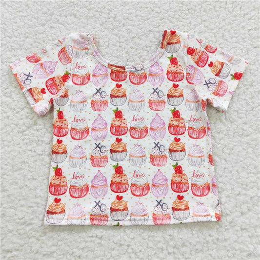 SALES NEW Baby Girls Cupcake Print Short Sleeve Shirt Tops Pink Cotton Children's Clothing