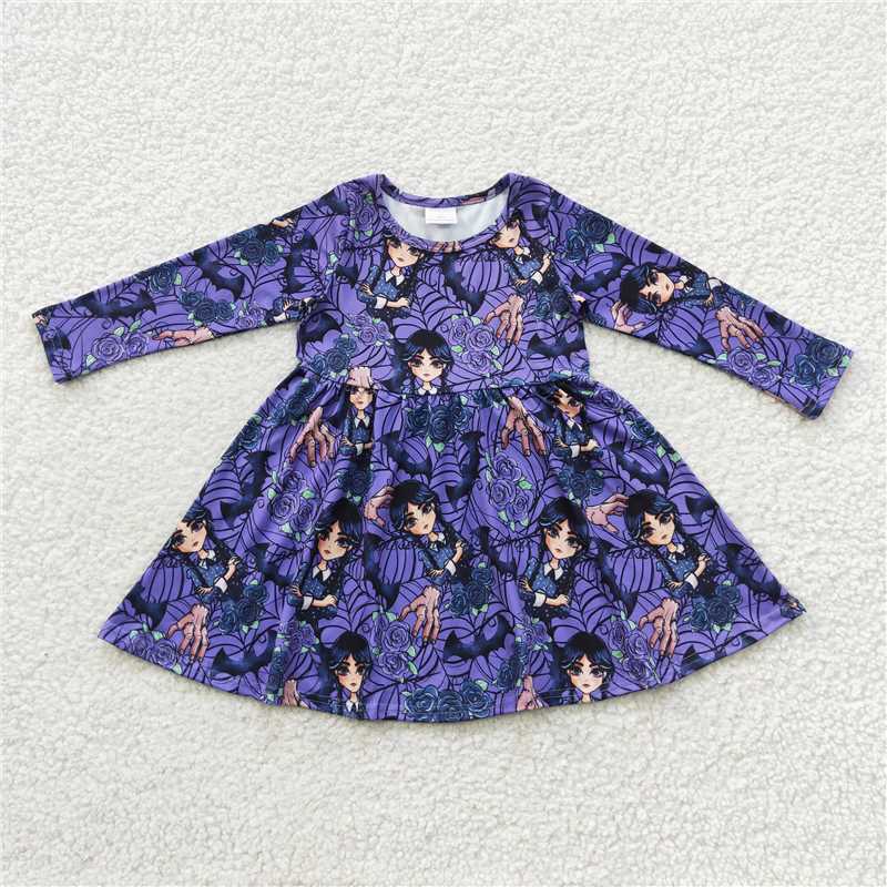 RTS NO MOQ GSD0335 GLD0329 GLD0229 GSD0397 Preppy Braids Girls Pattern Purple Long Sleeve Dress & Short Sleeve Dress
