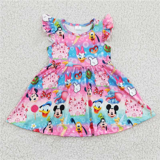 SALES NEW Baby Girls Print Knee-Length Dress with Pink Flutter Sleeves Cute And Fashionable Children's Clothing