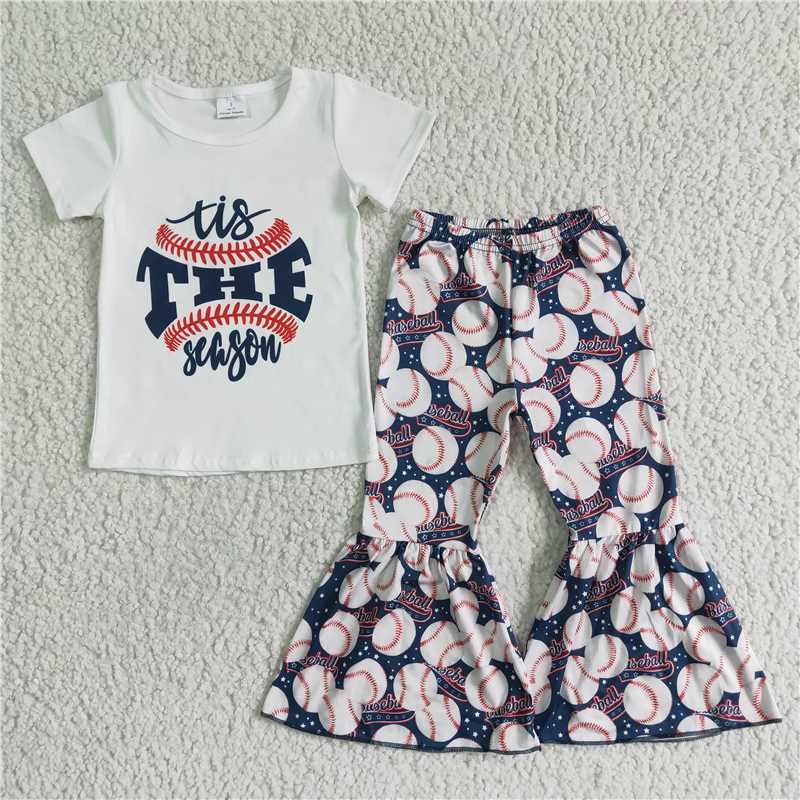 SALES NEW Baby Girls White Short-Sleeve Baseball Jersey Set with Letter Print And Bell Pants Outfit