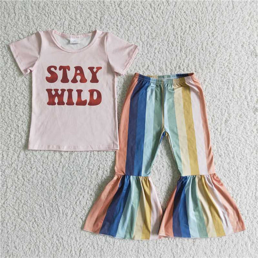 SALES NEW Baby Girls Pink Top And Colorful Vertical-Striped Pants Set Cute Outfit for Infants Baby Girl's Fashion