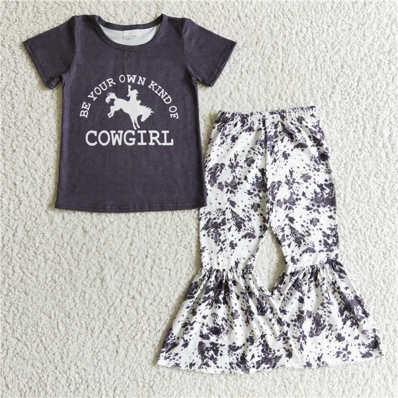SALES NEW Baby Girl Black Letter Horse Western Style Set - Short-Sleeve Top And Flared Pants Outfit
