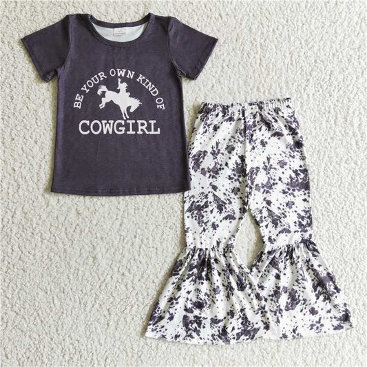 SALES NEW Baby Girl Black Letter Horse Western Style Set - Short-Sleeve Top And Flared Pants Outfit