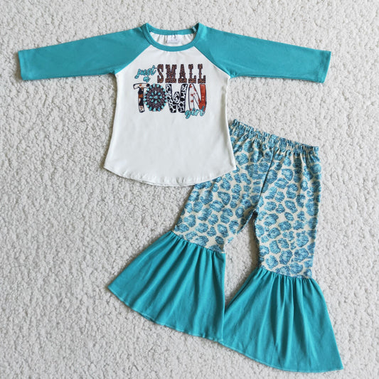 6 A17-13 Baby Girls Blue Print Long Sleeve Top Leopard  Bell Bottom Pants Casual Outfit Set