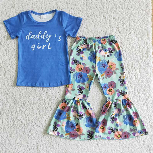 SALES NEW Baby Blue Letter-Print Top And Floral Flared Pants Set for Kids Fashionable Outfit Combination for Babies