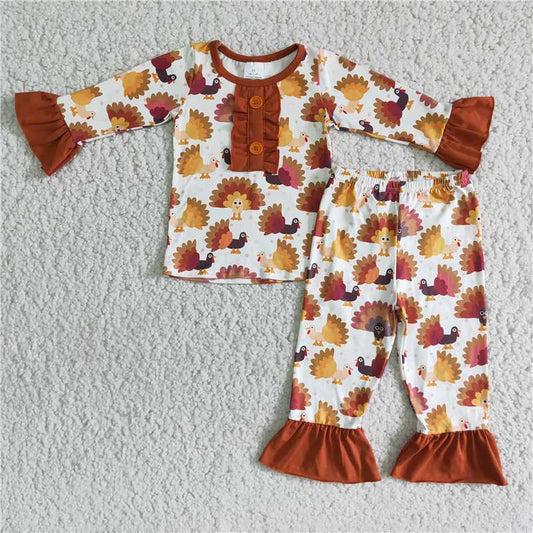 6 A8-13 Baby Girls Cute Turkey Print Long Sleeve Top Pants Pajamas Loungewear Set