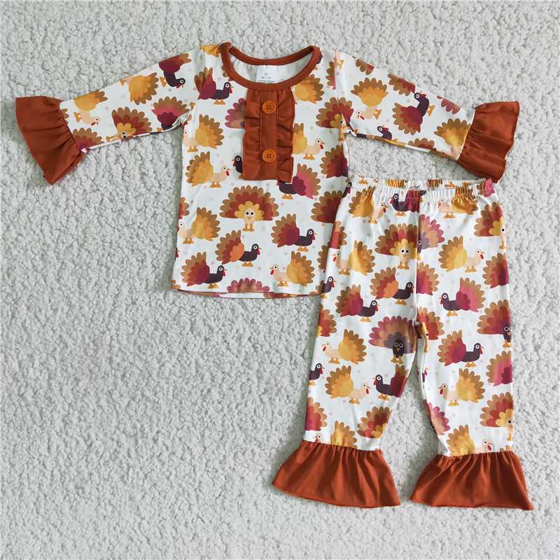 SALES  NEW Girls Turkey Print Bell-Bottoms Pajamas Comfortable Sleepwear for Kids