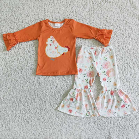 6 B2-24 Baby Girls Floral Chicken Print Long Sleeve Top Elastic High Waist Bell Bottom Pants Set