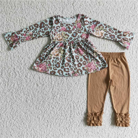6 A6-28 Kids Girls Leopard Floral Print Long Sleeve Tunic Top High Waist Leggings Set