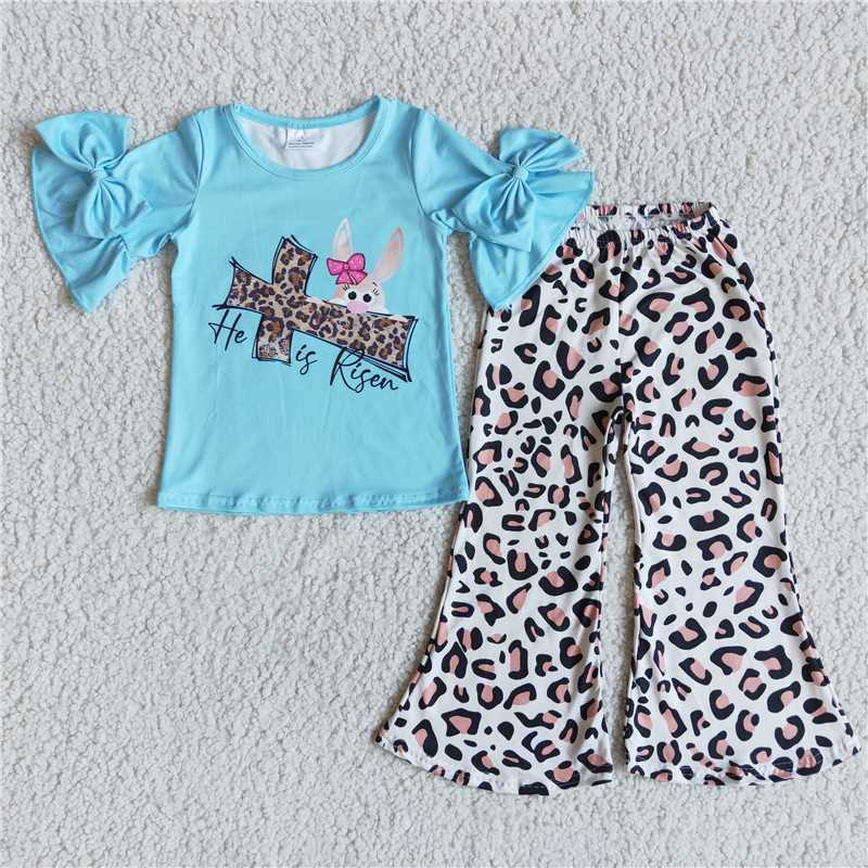 SALES NEW Baby Girls Blue Short Sleeve Dog Bell Outfit Set Cute Infant Clothing
