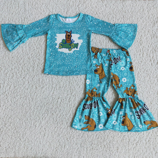 6 B5-5 Kids Girls Blue Long Sleeve Top Elastic High Waist Flared Bell Bottom Pants Set